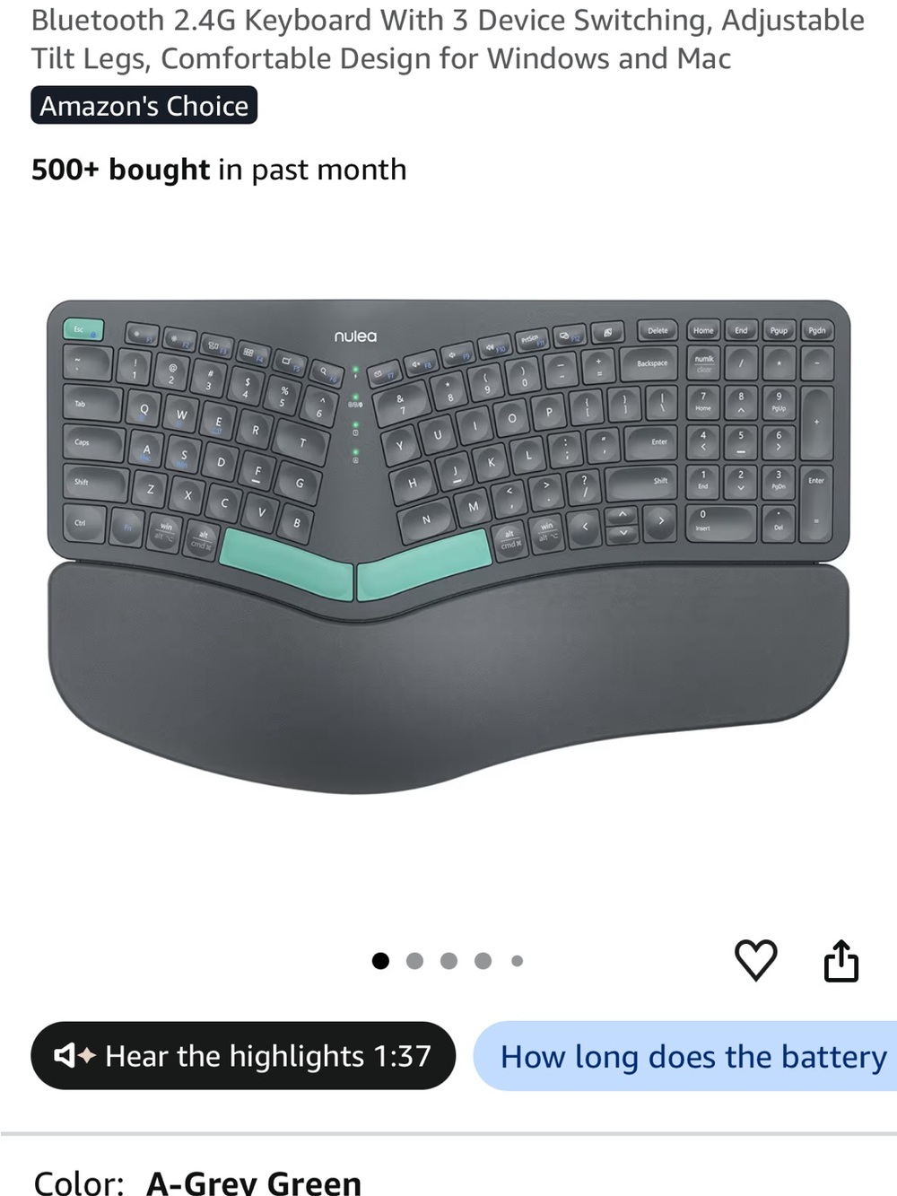 Ergonomic Split Wireless Keyboard with Palm Rest — Grey and Green